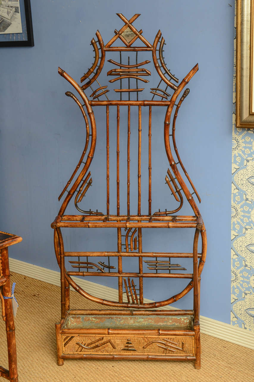 Fabulous unusual English bamboo umbrella stand and coat stand with plenty of great details.