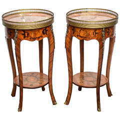 Pair of Louis XV Style Tables with Marquetry and Marble Top, 20th Century