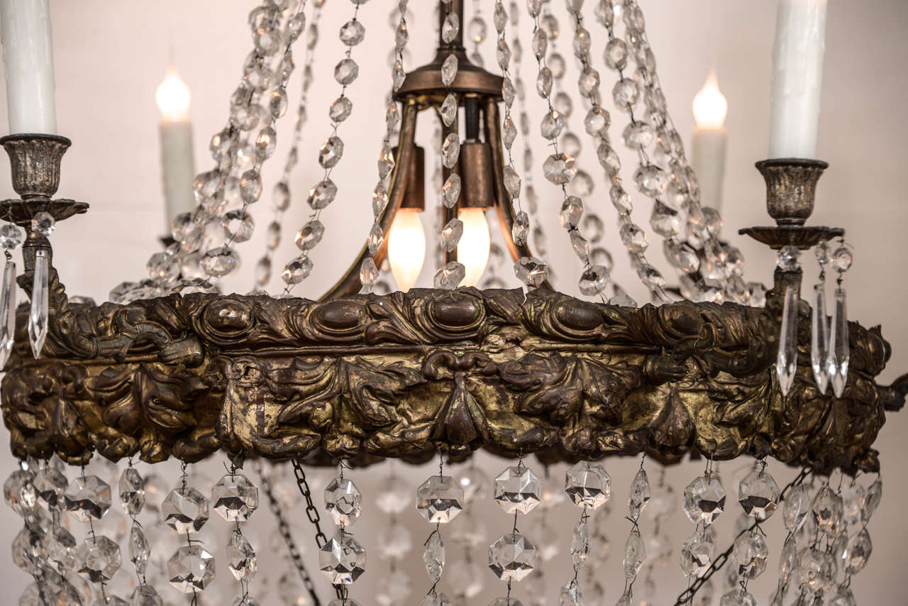 Large Early 19th Century Italian Repoussé and Crystal Chandelier In Excellent Condition In Houston, TX