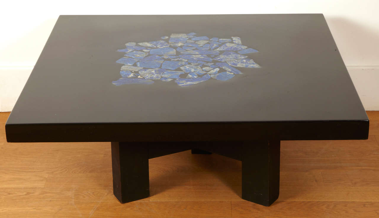 Original square coffee table by Ado CHALE, 1960 - 70 's   
with a black lacquered resin and wood top with inlaid lapis-lazuli central design. Black painted tripod base.