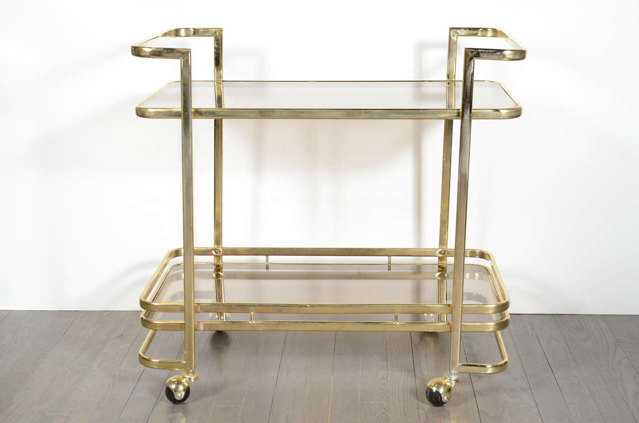 Modernist Two Tiered Brass Bar Cart with Smoked Glass