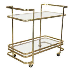 Modernist Two Tiered Brass Bar Cart with Smoked Glass