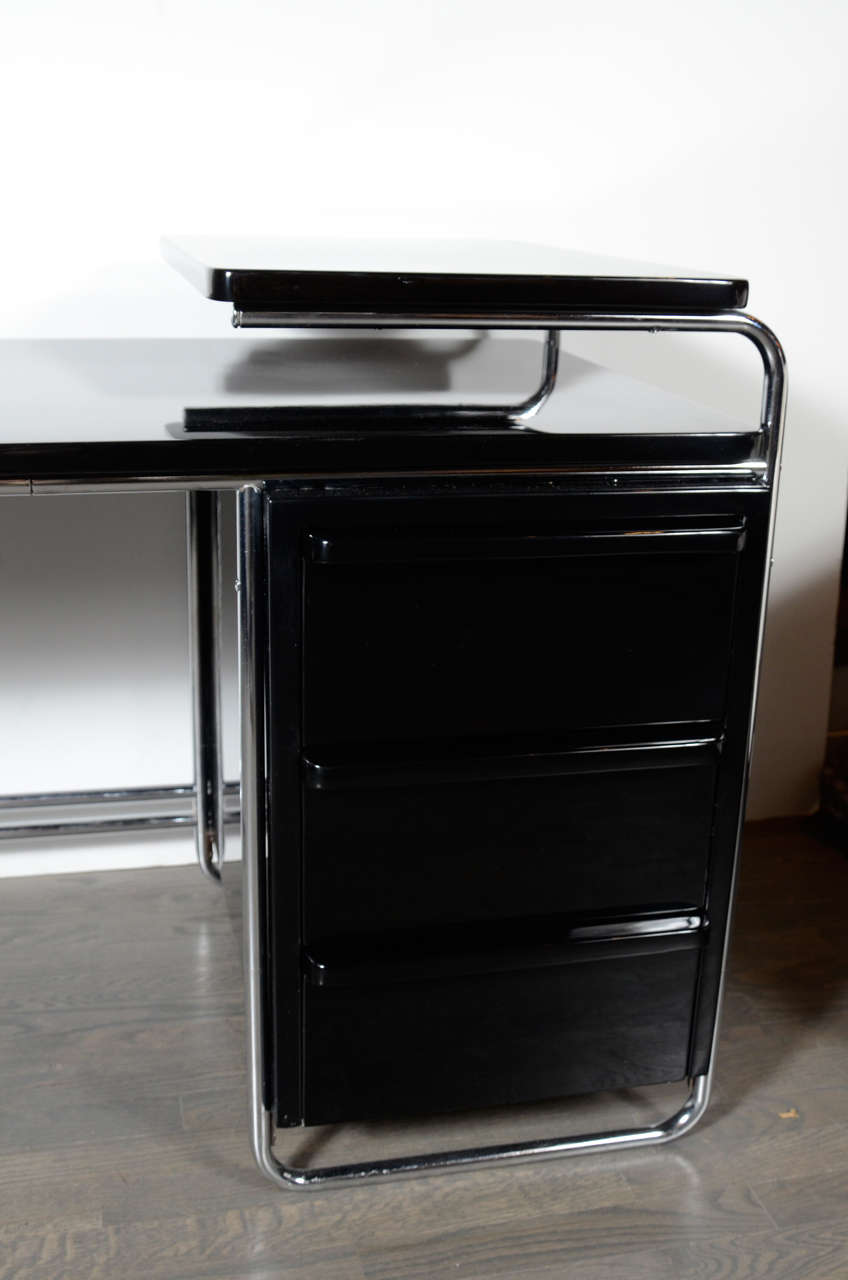 American Art Deco Bauhaus Style Desk by Wolfgang Hoffmann in Black Lacquer and Chrome