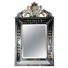 Elegant Reverse Etched and Hand Beveled Venetian Mirror with Pediment Detail