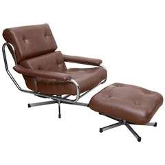 1960's Pieff Leather and Chrome Swivel Chair with Ottoman