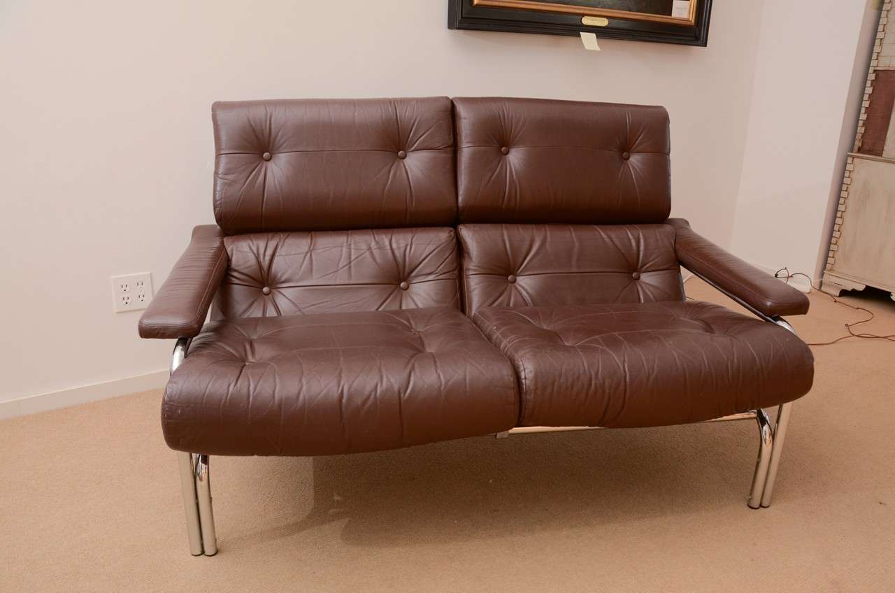 English 1960's Pieff Leather and Chrome Two-Seat Sofa