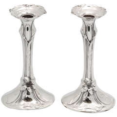 Beautiful Pair of Sterling Silver Art Nouveau  Candlesticks