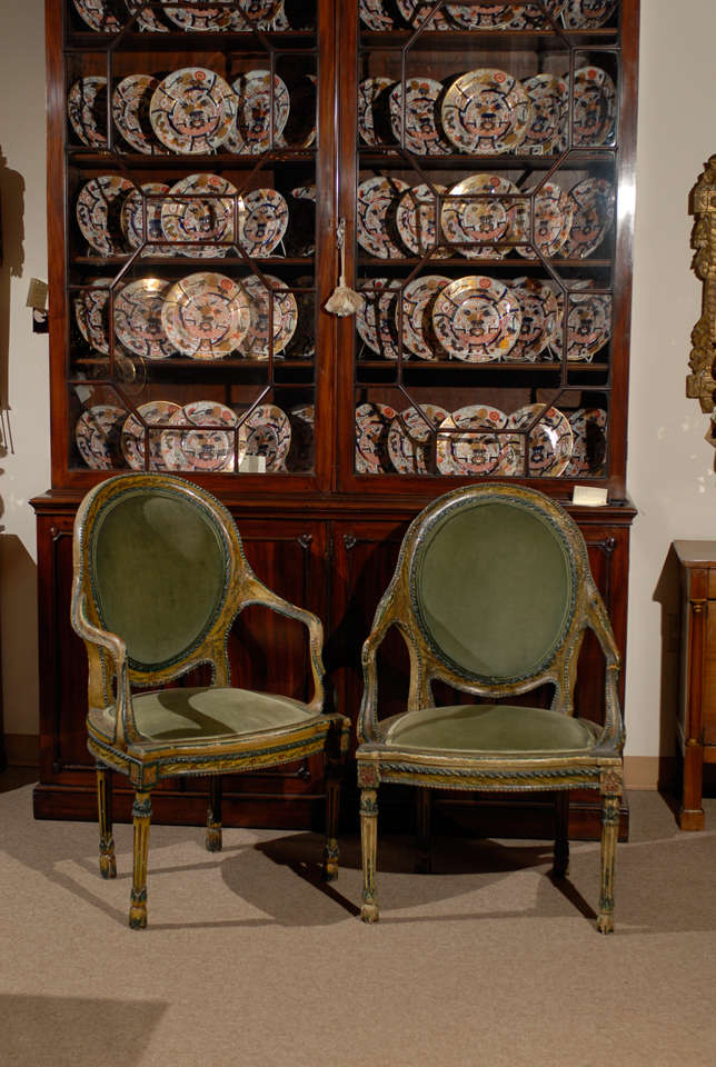 Unusual Pair of Polychrome Painted Arm Chairs, Italy, C.1800