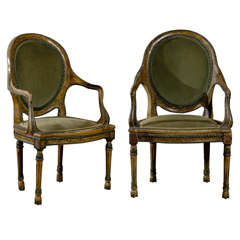 Antique Unusual Pair of Polychrome Painted Arm Chairs, Italy, C.1800