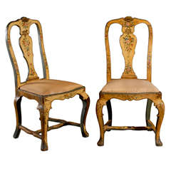 Antique Pair of Italian Rococo Style Painted Side Chairs with Floral Decoration