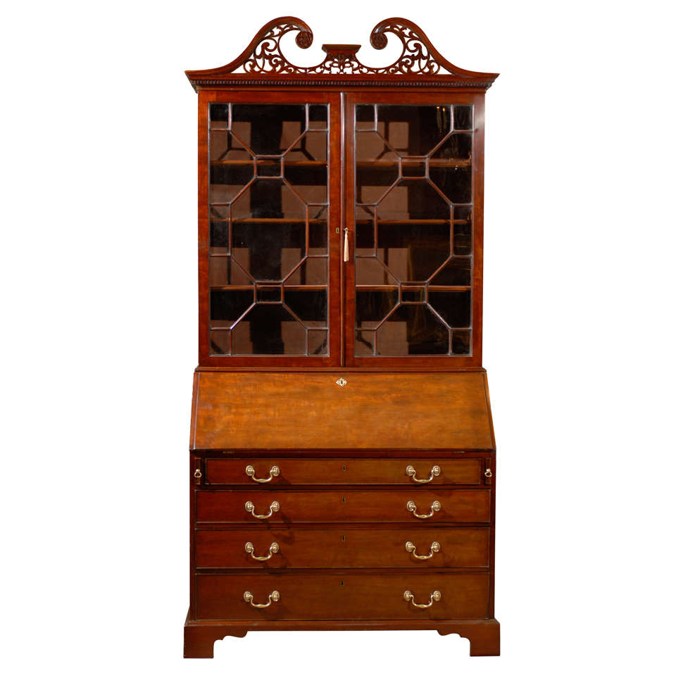 Early George III Period Bureau Bookcase with Swan Neck Pediment For Sale