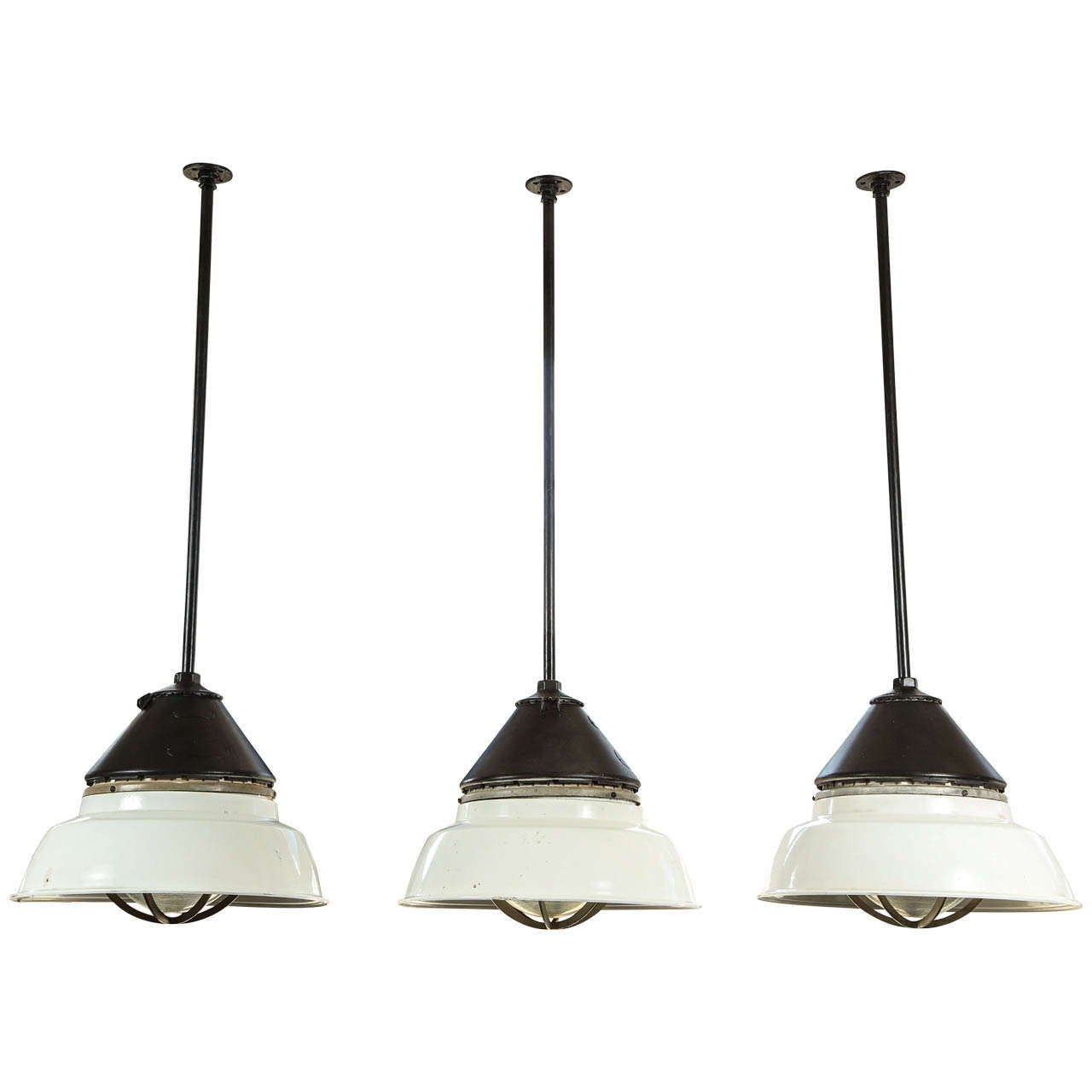 3 French Industrial 2 Tone Ceiling Lamps C. 1930