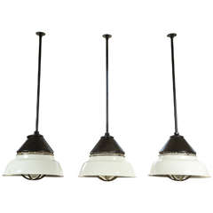 Vintage 3 French Industrial 2 Tone Ceiling Lamps C. 1930