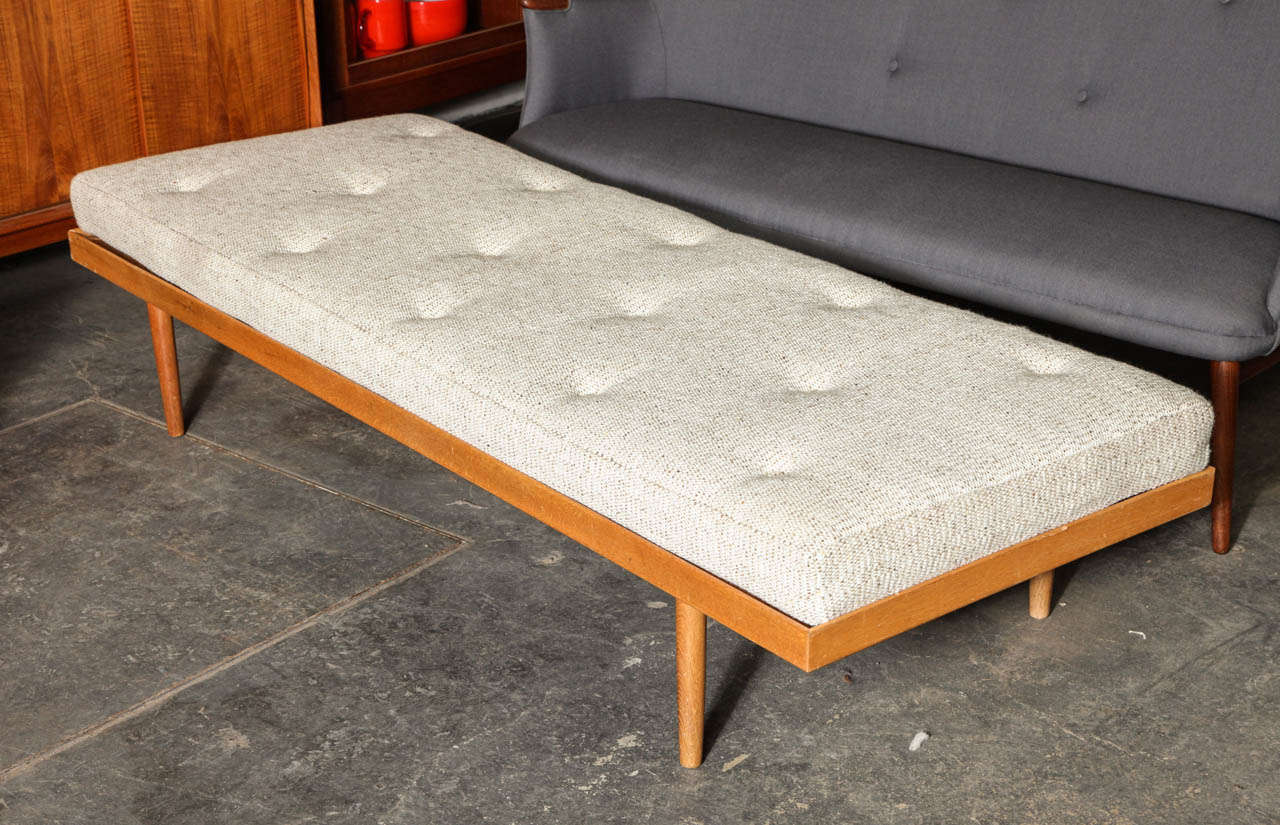 Minimal Danish Modern Oak Daybed.  Newly upholstered in luxurious, nubby, neutral Danish wool fabric.