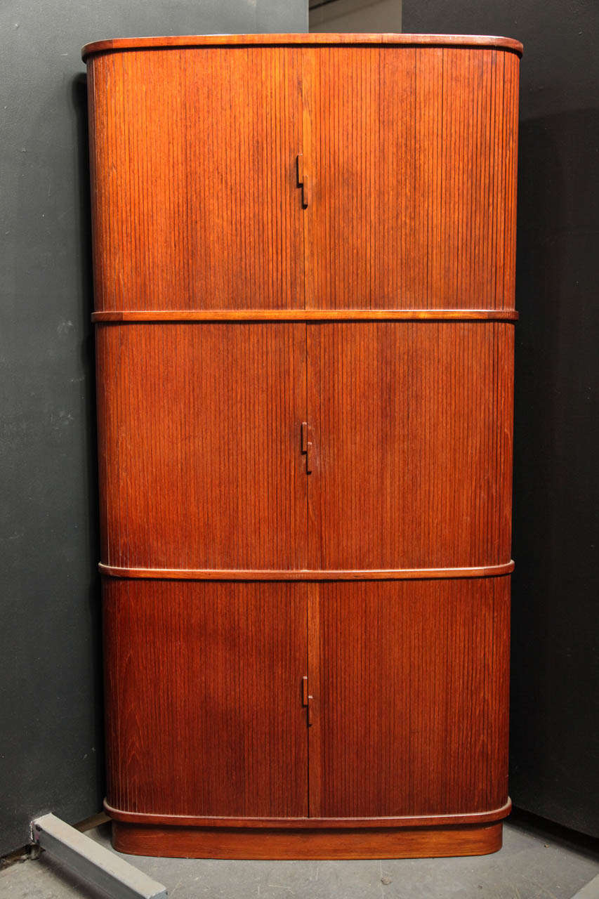 3-Tiered Teak Tambour Door Corner Cabinet