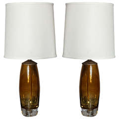 Pair of Petite   Amber Murano Glass Table Lamps
