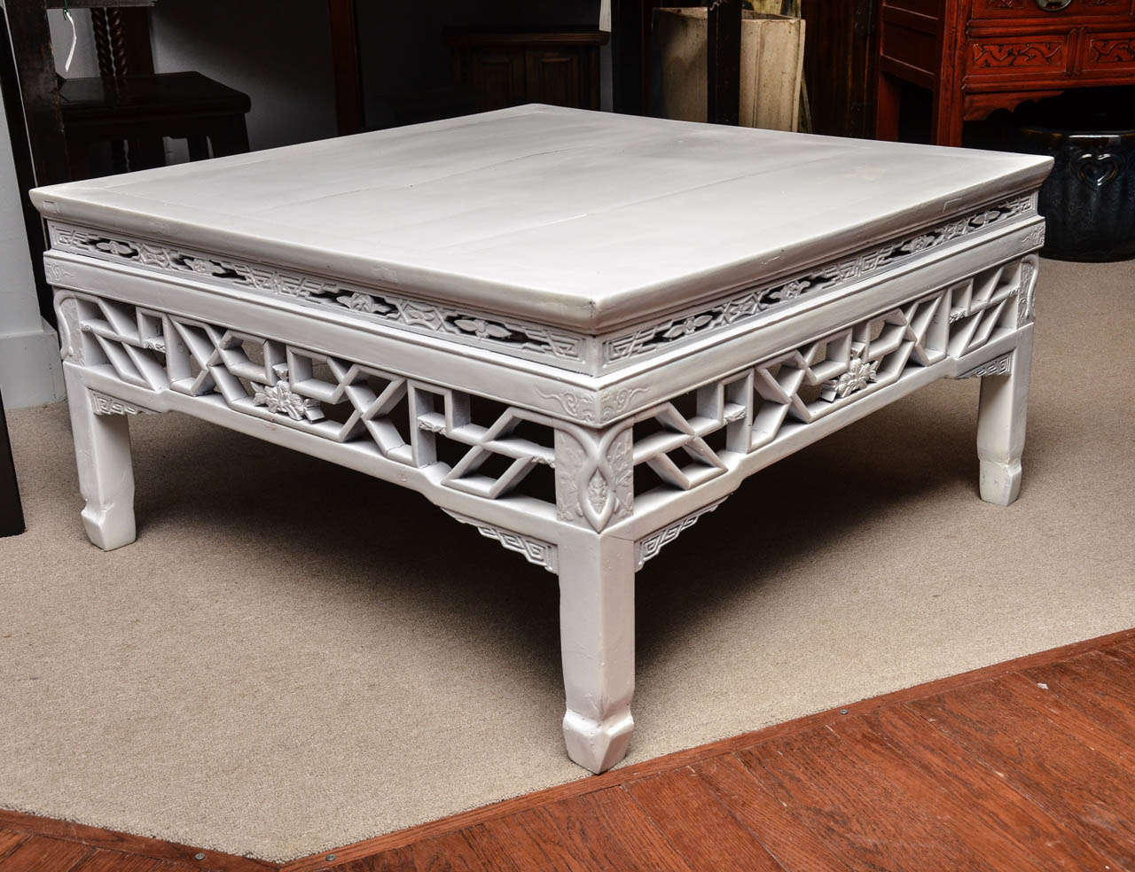 Late 19th century Qing dynasty carved tea table refinished in white lacquer