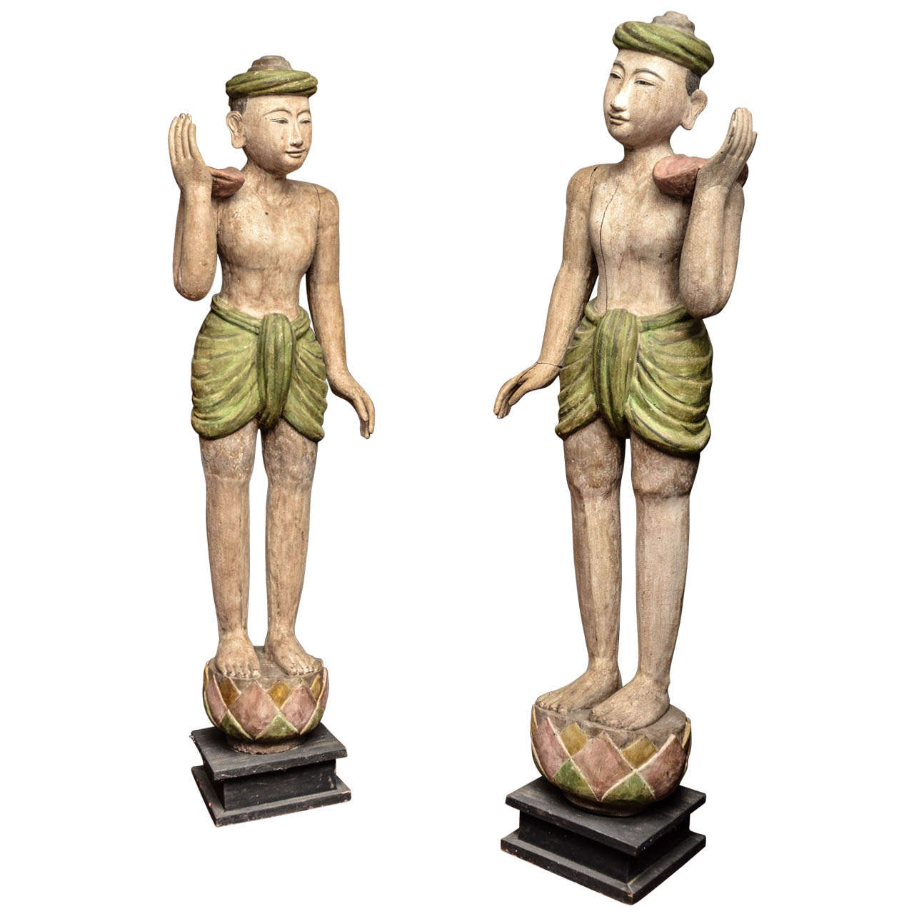 Pair of Late 19th Century Burmese Lacquered Temple Statues For Sale
