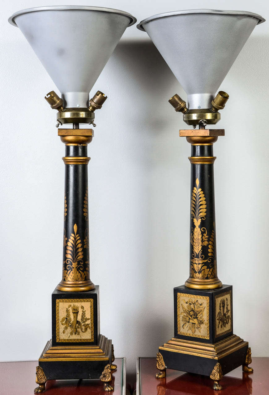 Pair of lamps in sheet steel, inspired by the beginning of the 19th century.
Each stamped 