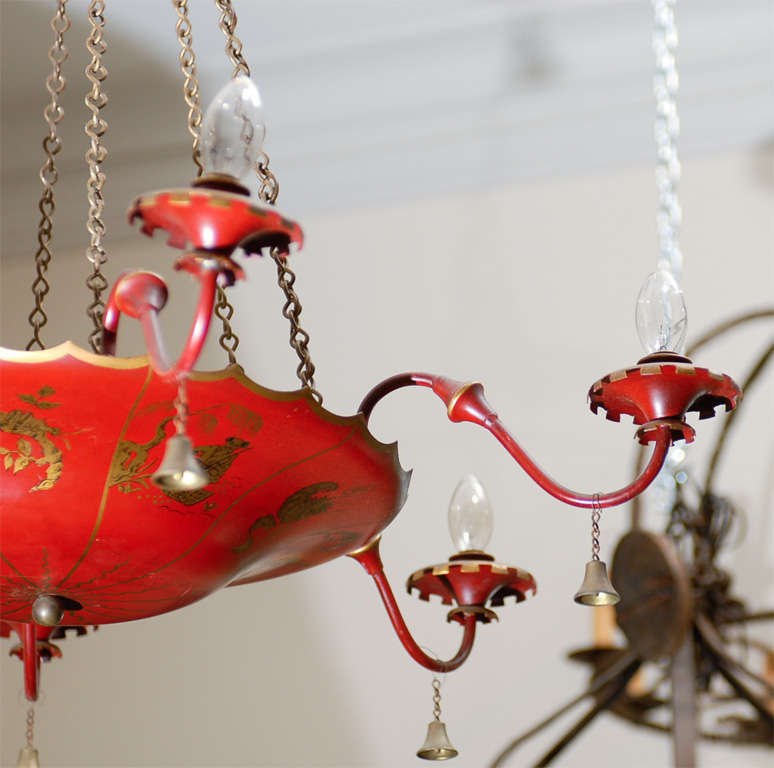 Metal English Red Tole Chandelier With Chinoiserie Decor