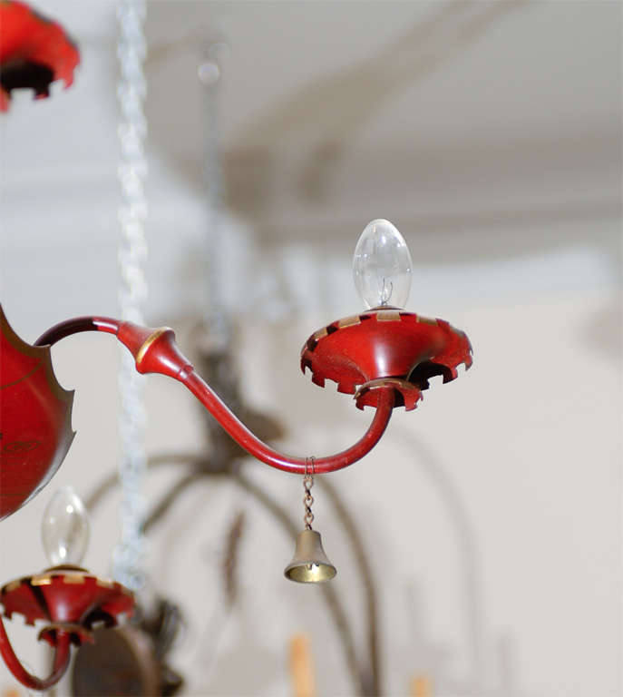 English Red Tole Chandelier With Chinoiserie Decor 1