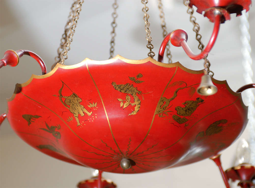 English Red Tole Chandelier With Chinoiserie Decor 2