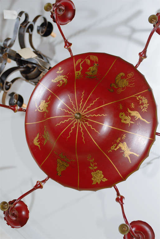 English Red Tole Chandelier With Chinoiserie Decor 3