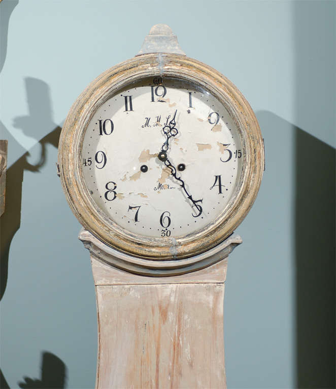 Gustavian Swedish 19th Century Mora Clock with Delicate Craved Crest and Original Paint