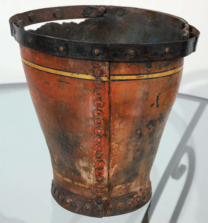 19th Century Fantastic Original Painted 19thc Leather Fire Bucket