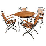 Retro C. 1950 Teak and Iron Folding Bistro Table and Four Chairs