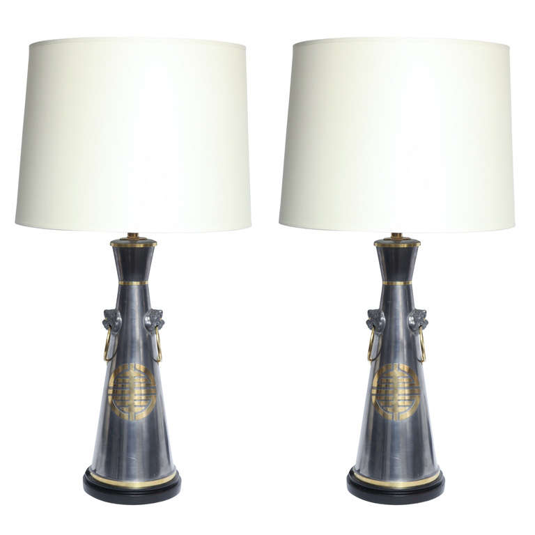 Table Lamps Pair Modernist Asian Forms pewter and brass 1950's im Angebot