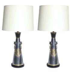Table Lamps Pair Modernist Asian Forms pewter and brass 1950's