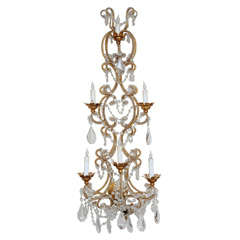 20th Century Grand Scale French 3 Tiered Crystal 
Gilt Sconces