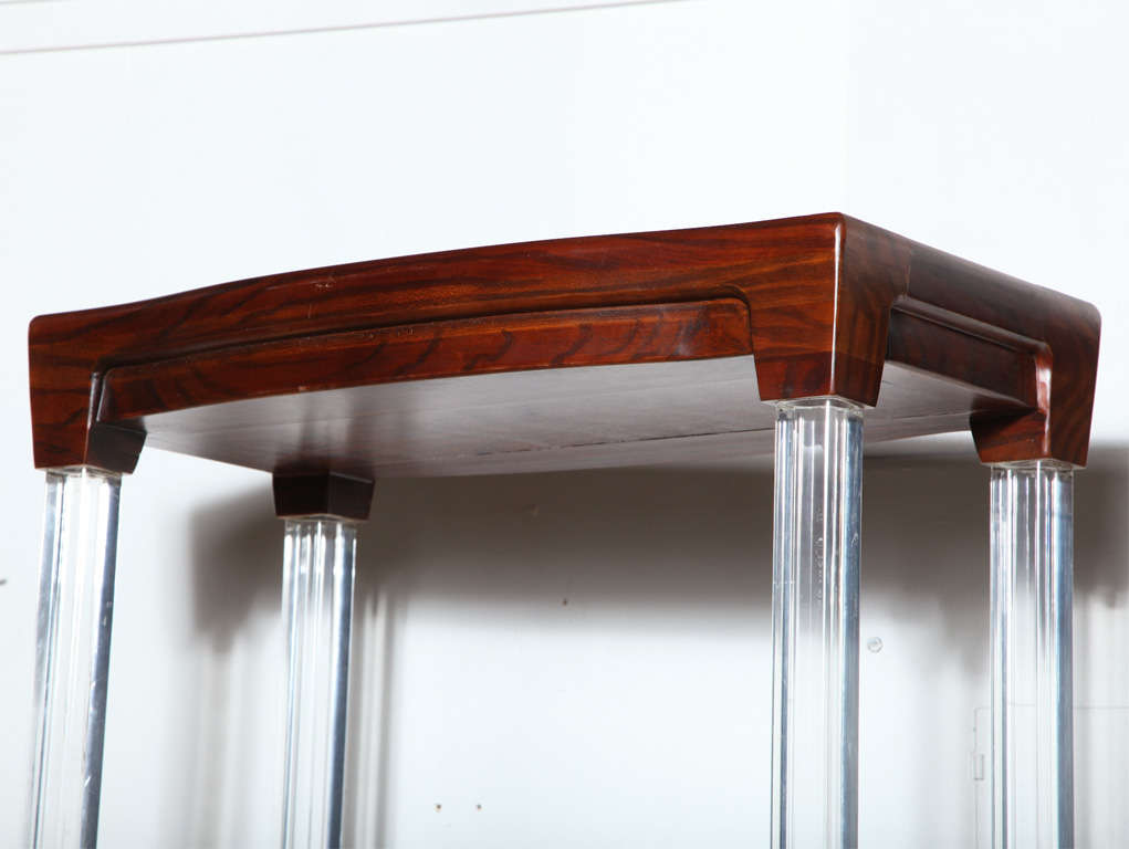 Modern Pair of 1970s Rosewood and Lucite Etageres with Four Adjustable Glass Shelves