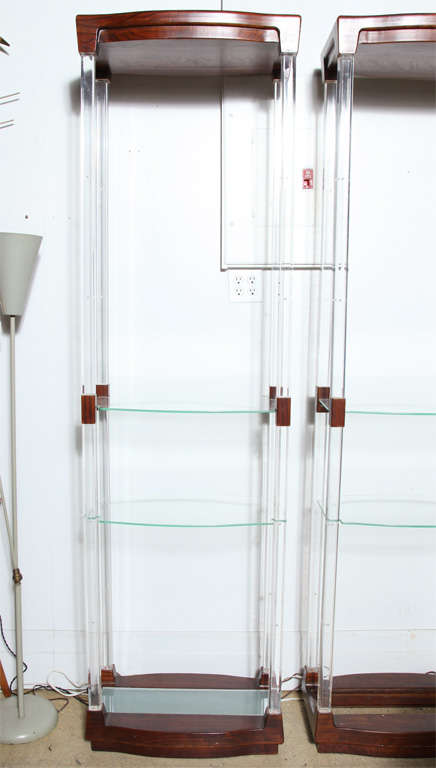 Pair of 1970s Rosewood and Lucite Etageres with Four Adjustable Glass Shelves 1