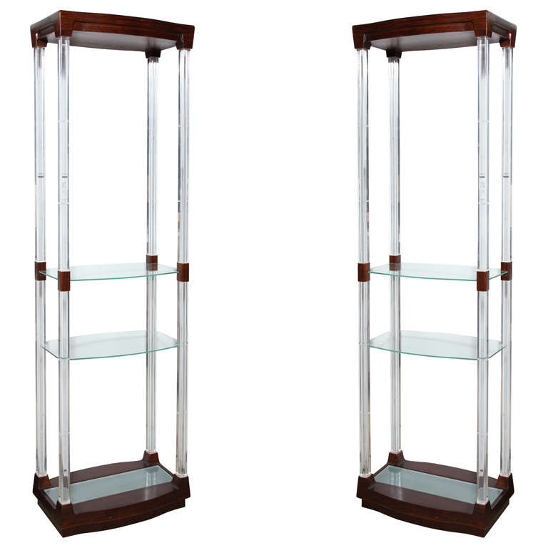 Pair of 1970s Rosewood and Lucite Etageres with Four Adjustable Glass Shelves