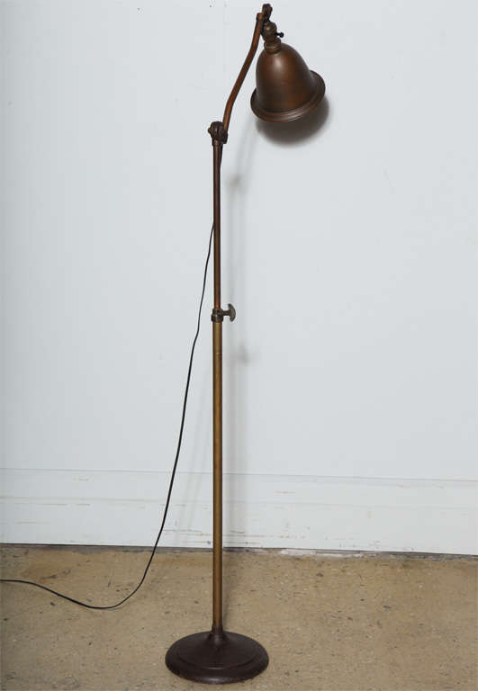 20th Century Weldon Industrial Articulating Brass Floor Lamp with Cast Iron Base, C. 1920's