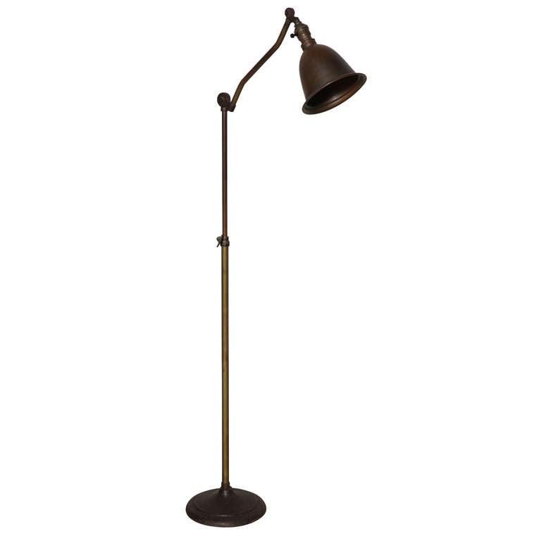 Weldon Industrial Articulating Brass Floor Lamp with Cast Iron Base, C. 1920's