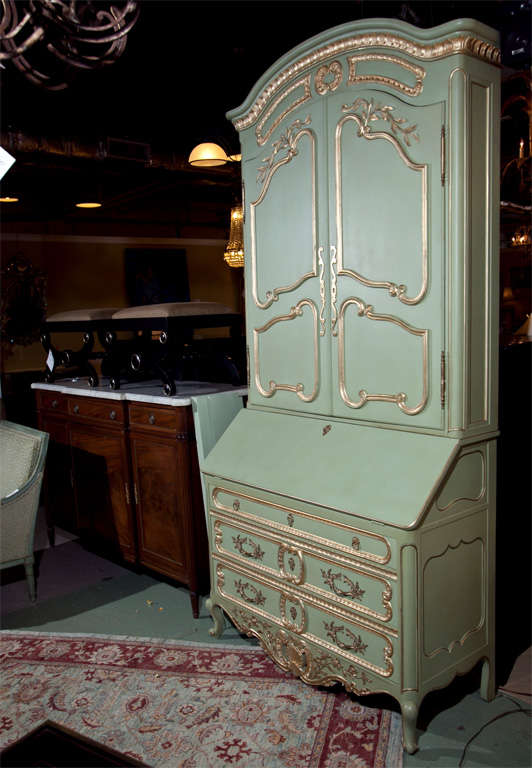 French Rococo Style Green Painted Secretary Bookcase
