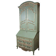 French Rococo Style Green Painted Secretary Bookcase