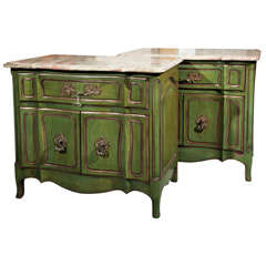 Vintage Pair of Green Painted Marble Top Cabinets