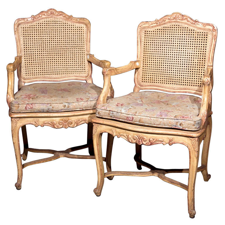 Pair of French Louis XV Style Caned-Back Armchairs
