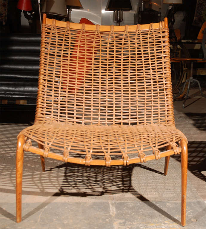 Contemporary Teak and Woven Leather Lounge Chairs