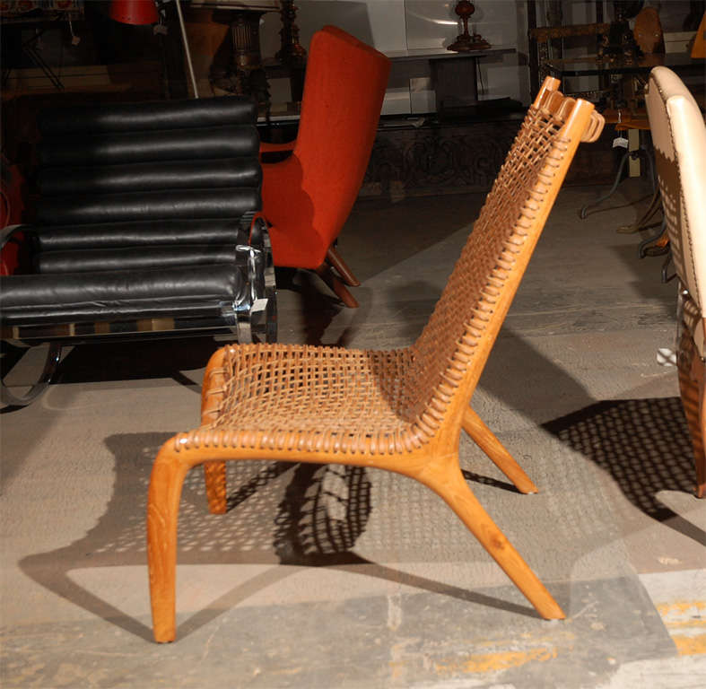 Teak and Woven Leather Lounge Chairs 3