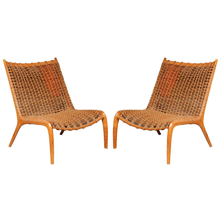 Teak and Woven Leather Lounge Chairs