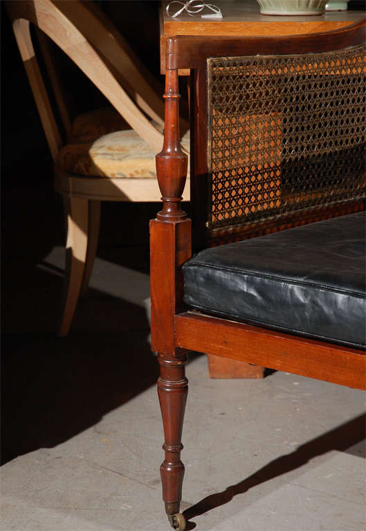 Regency mahogany and cane paneled bergere with leather cushions.