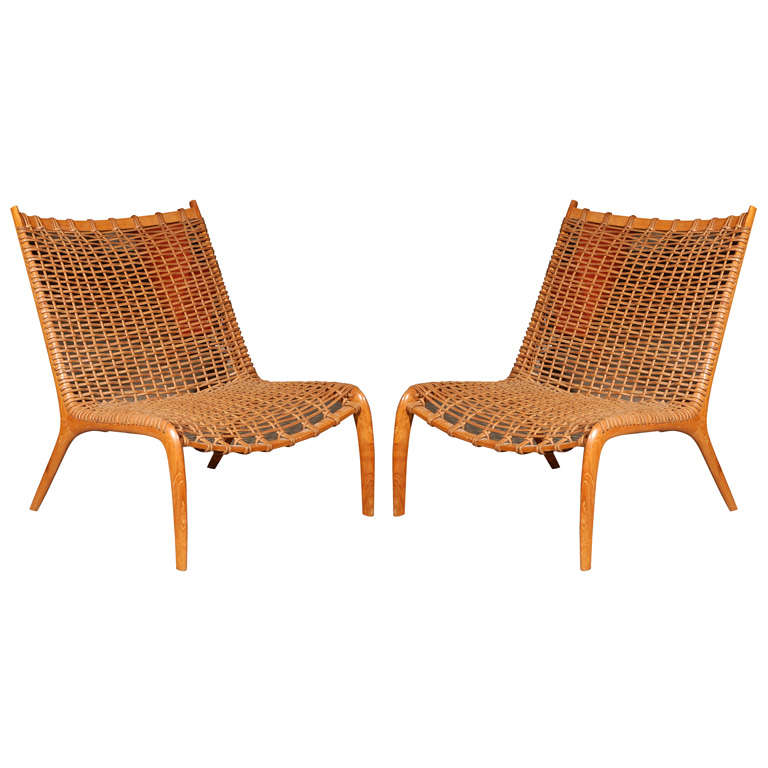 Teak and Woven Leather Lounge Chairs at 1stDibs