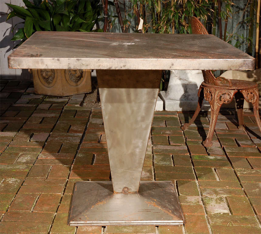 Industrial Italian Art Deco Square Top Metal Table on Tapered Pedestal Base