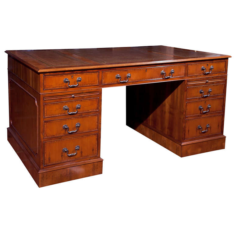 Custom Yew Wood Pedestal Desk For Sale at 1stdibs