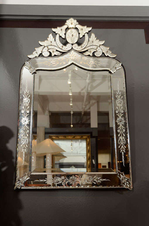 Italian Venetian Mirror with Etched Rectangular Plate Under the Arched Crest